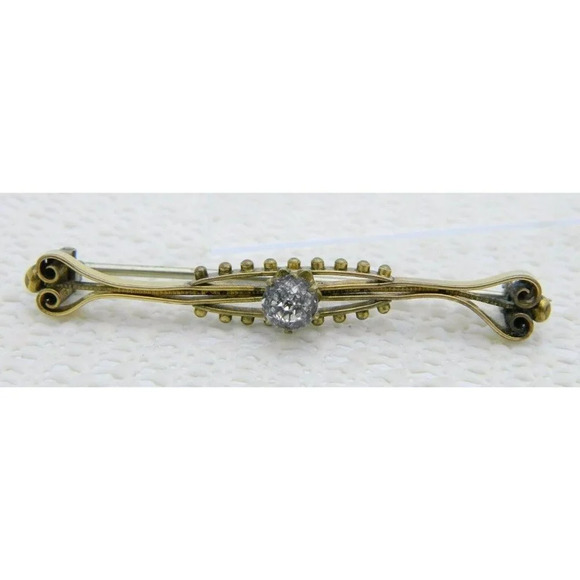 Antique Victorian Gold Filled Unique Faceted Clear Glass Rhinestone Filigree Pin - Picture 1 of 3